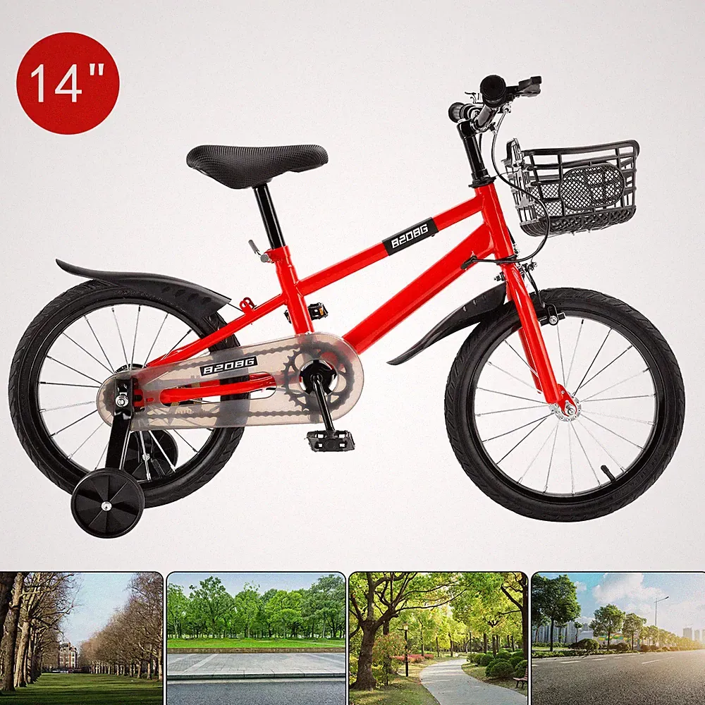 14" Kids Toddlers Bicycle for Boys and Girls with Training Wheels Basket Red E4
